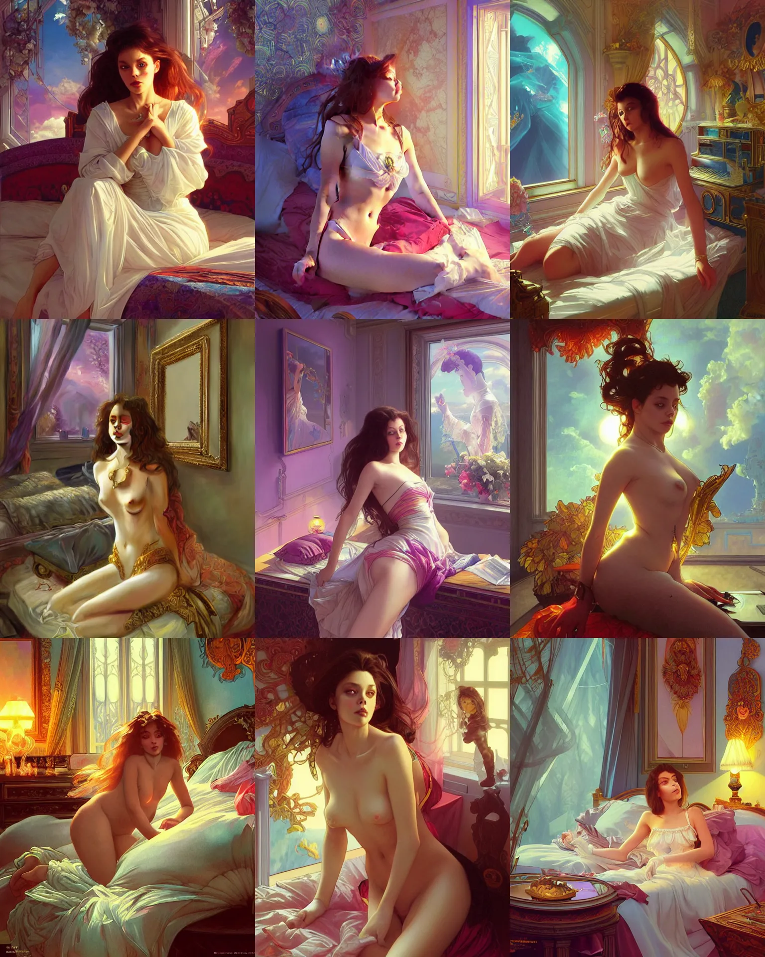 Prompt: ornella muti, vaporwave, bedroom, highly detailed, digital painting, artstation, concept art, smooth, sharp focus, illustration, art by artgerm and greg rutkowski and alphonse mucha