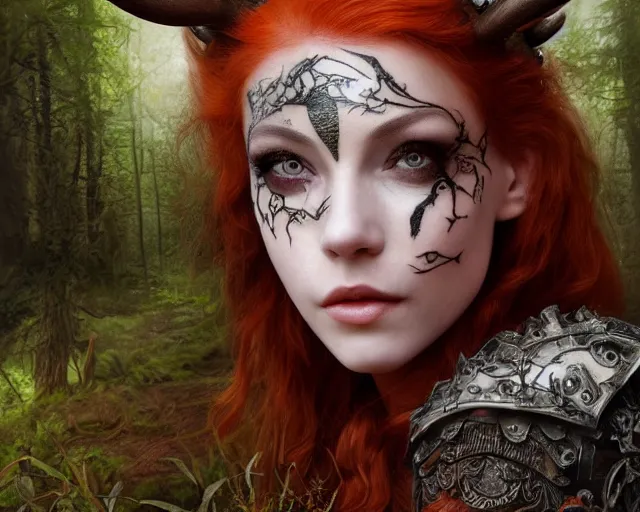 Image similar to 5 5 mm portrait photo of an armored gorgeous aesthetic redhead woman warrior with a face tattoo and antlers growing from her head and cat on her shoulder, in a magical forest. art by luis royo. highly detailed 8 k. intricate. lifelike. soft light. nikon d 8 5 0.