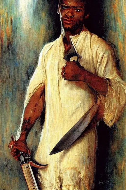 Image similar to a thirty year contract killer in all white. he is a sophisticated from africa. he is holding a knife. art by gaston bussiere.