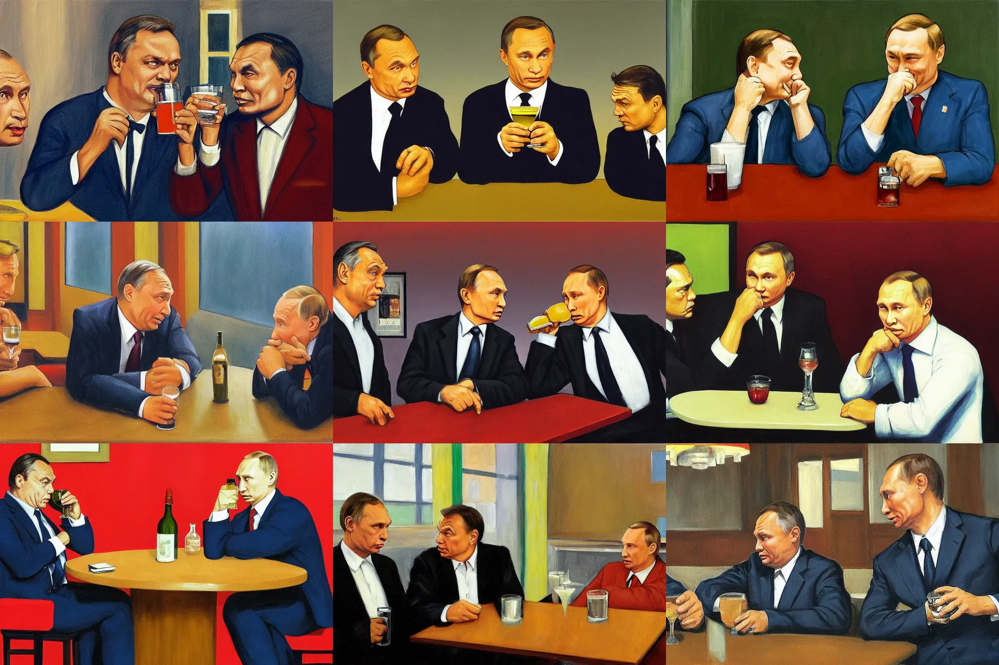 Prompt: viktor orban and putin drinking in a bar, in the style of edward hopper, highly detailed face