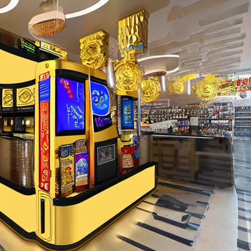 Image similar to maximalist gold convenience store robo - cashier