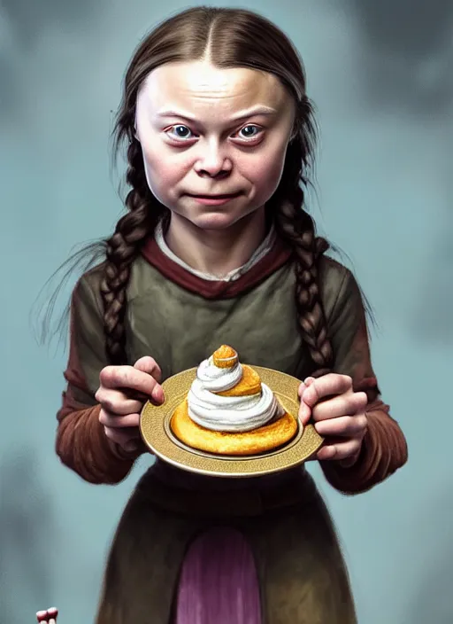 Image similar to portrait of greta thunberg as a medieval goblin eating cakes, beautiful face, hyper realistic, highly detailed, digital painting, artstation, illustration, concept art by hyung tae and frank frazetta, digital paint, matte paint, washed colors, dark, gloomy