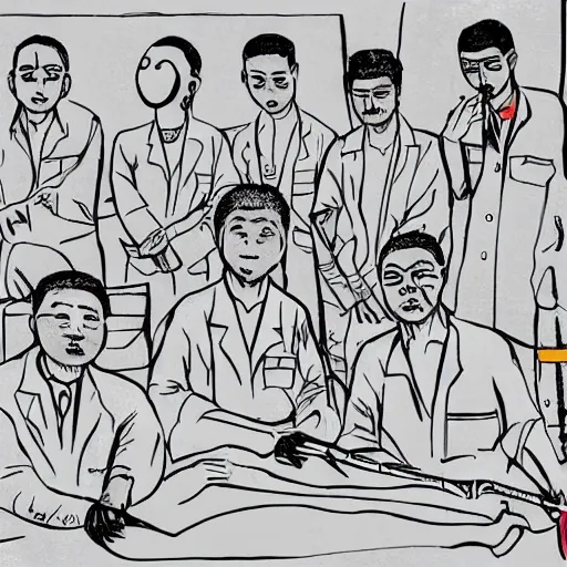 Prompt: chinese surgeons at an operating table, in the style of daniel johnston and outsider art, 8k, line brush, minimal