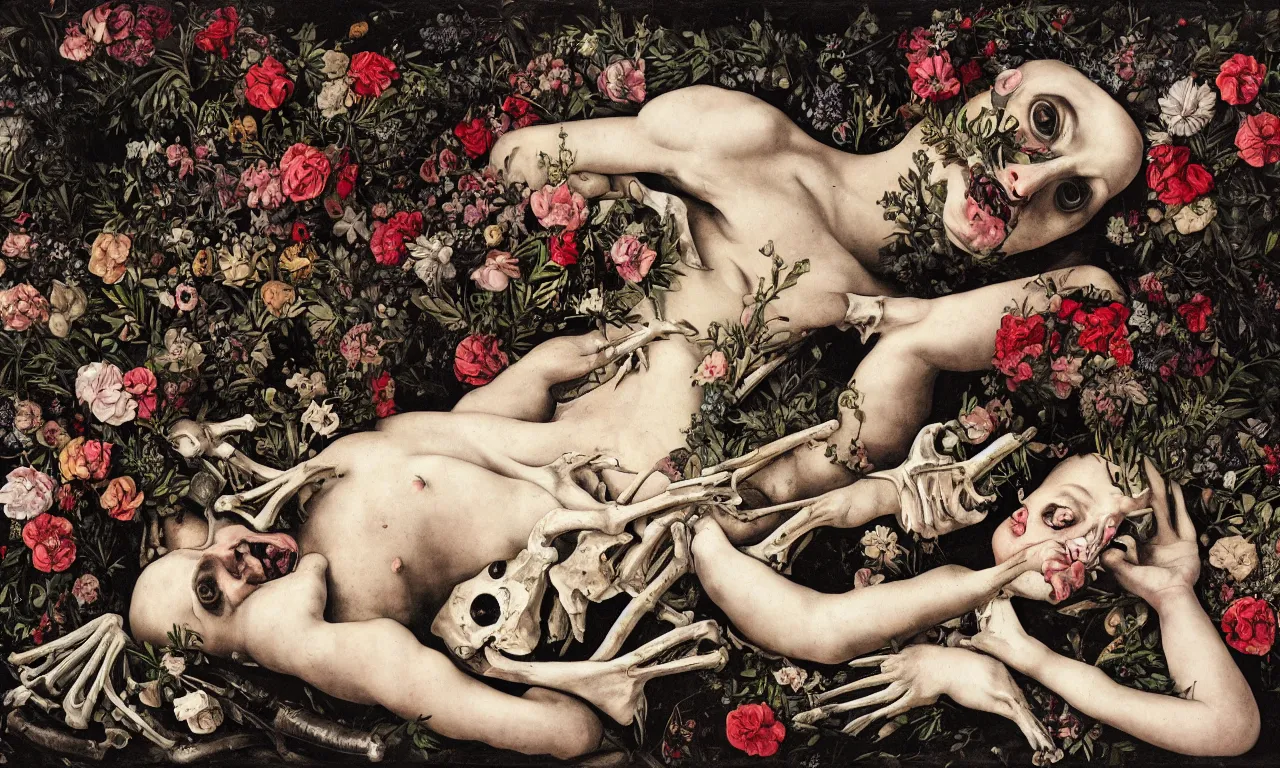 Prompt: man with large eyes and lips laying in bed of bones of flowers, feeling an existential dread of love, HD Mixed media, highly detailed and intricate, surreal illustration in the style of Caravaggio, baroque dark art