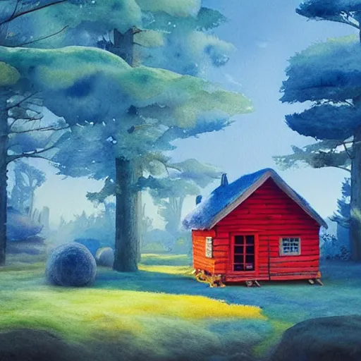 Prompt: a watercolor art in shape of wool felting small wooden house in the middle of spring forest, bright colours, children illustration, 4 k, matte painting, by rhads
