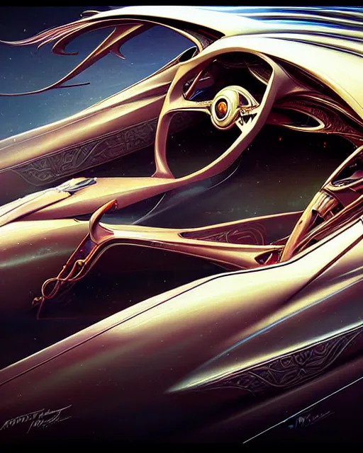 Image similar to Art nouveau Ferarri car, fantasy, intricate motion blur designs, elegant, highly detailed, sharp focus, art by Artgerm and Greg Rutkowski and WLOP