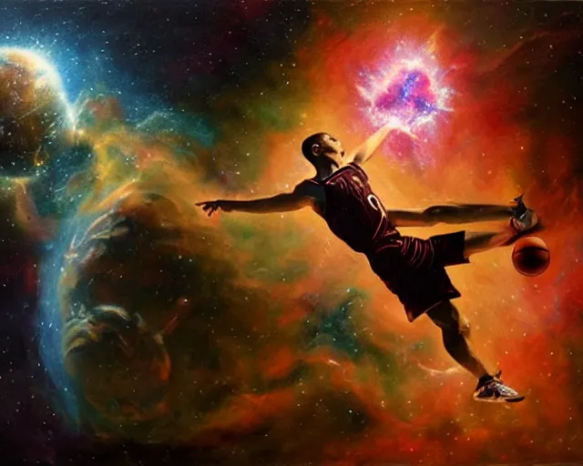 Image similar to cosmic basketball player dunking in a nebula, an oil painting, by ( leonardo da vinci ) and greg rutkowski and rafal olbinski ross tran airbrush time magazine