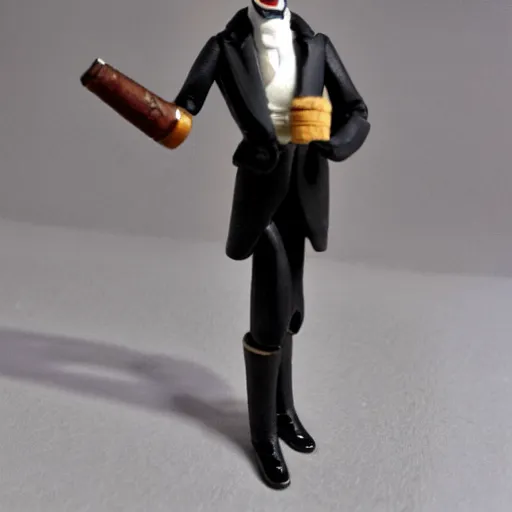 Image similar to detailed jacob rees - mogg action figure, holding wine bottle, smoking a cigar, 5 0 mm photograph