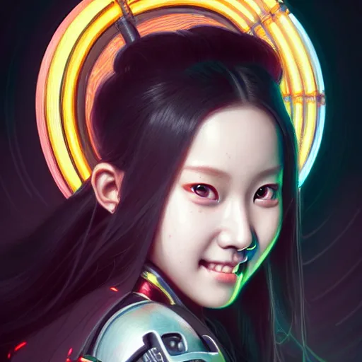 Image similar to portrait painting of olivia hye kpop as a cheerful smiling cyberpunk mercenary, ultra realistic, concept art, intricate details, eerie, highly detailed, photorealistic, octane render, 8 k, unreal engine. art by artgerm and greg rutkowski and magali villeneuve and alphonse mucha