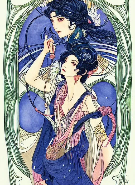 Image similar to an art nouveau copic maker illustration of makima by tatsuki fujimoto