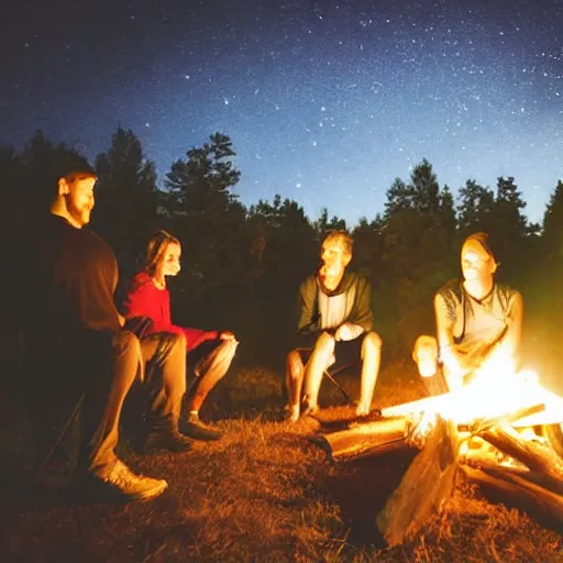 Image similar to 6 people around a campfire, angles in the sky, artistic
