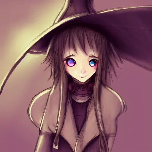 Image similar to a drawing of a pretty woman in a very large oversized witch hat, anime, digital art