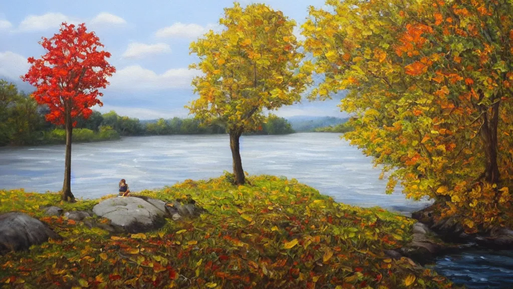 Prompt: A beautiful oil painting of a single tree, the tree is in the rule of thirds, a family is under the tree having a picnic, the kids are playing with the dog at the river while the are splashing the water, the fall has arrived and the leafs started to become golden and red, the river is flowing its way, the river has lots of dark grey rocks, oil painting by Greg Rutkowski