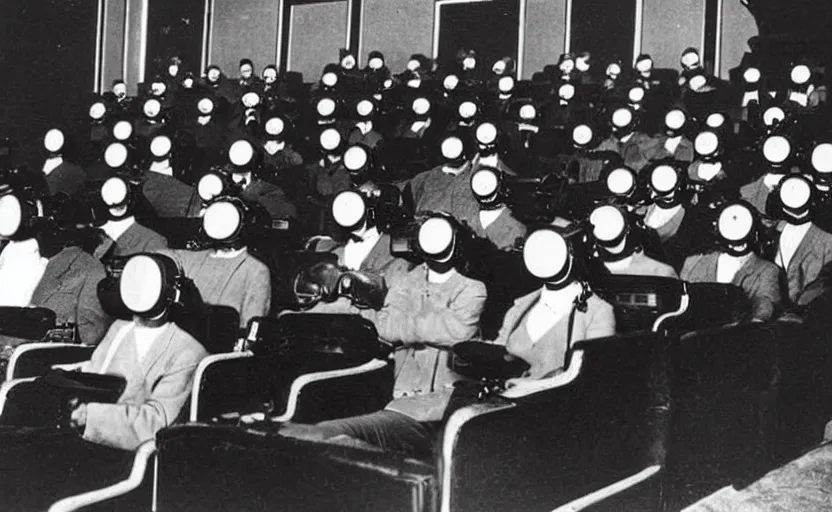 Image similar to 1 9 0 0 s photo of people wearing virtual reality headsets vr in a movie theater masterpiece old photograph