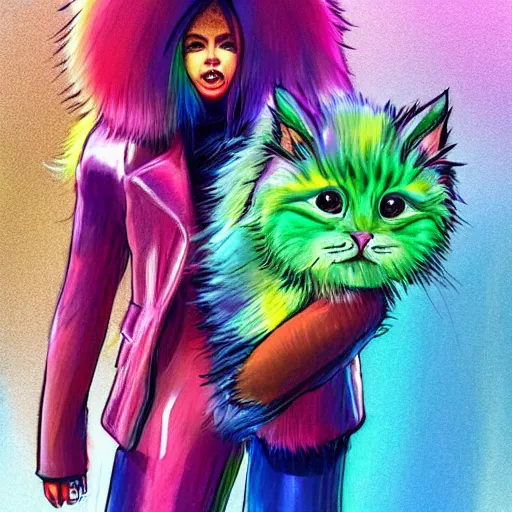 Image similar to wide angle full body, jacket wearing fluffy cute rainbow kitten wearing a black leather motorcycle jacket, concept art