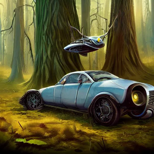 Image similar to flying car in futuristic spiritual mystical post apocalyptic forest by ron gilbert, beautiful, crisp, artstation, highly detailed