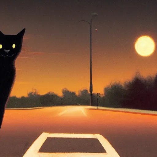 Image similar to a black cat in the middle of a road with streetlight at mid night with the moon in the back. Made by Jason Degraaf, Edward Hopper, Don Eddy. Hyper realistic, unreal 5, artstation, high detail.