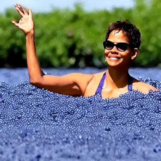 Image similar to halle berry swimming in a sea of blueberries