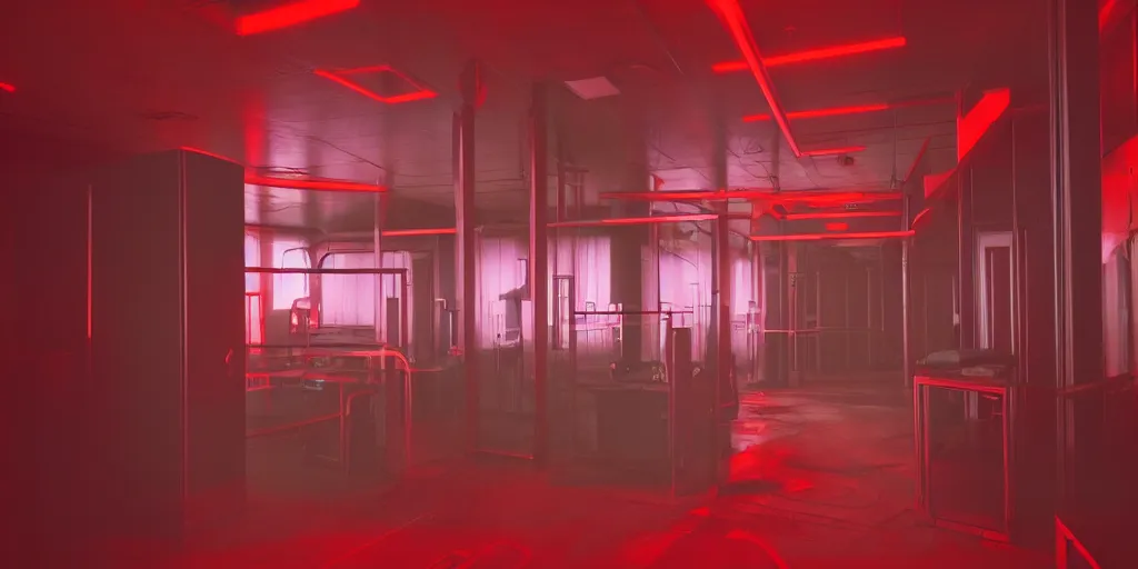 Image similar to noisy color photograph of a retrofuturist liminal space, laboratory, red lights, minimalist, cinematic, soft vintage glow