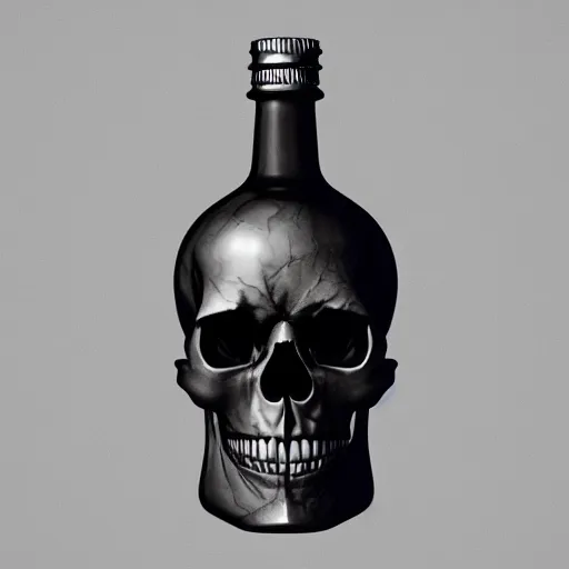 Prompt: A skull inside of a bottle. Higly rendered. Artstation.