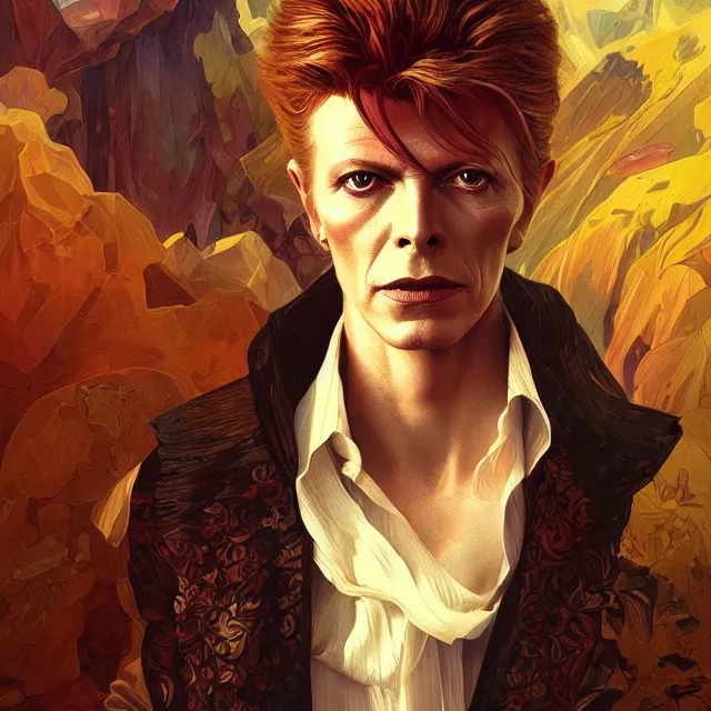 Image similar to portrait of David Bowie, fantasy, intricate, elegant, highly detailed, digital painting, artstation, concept art, smooth, sharp focus, illustration, art by artgerm and greg rutkowski and alphonse mucha