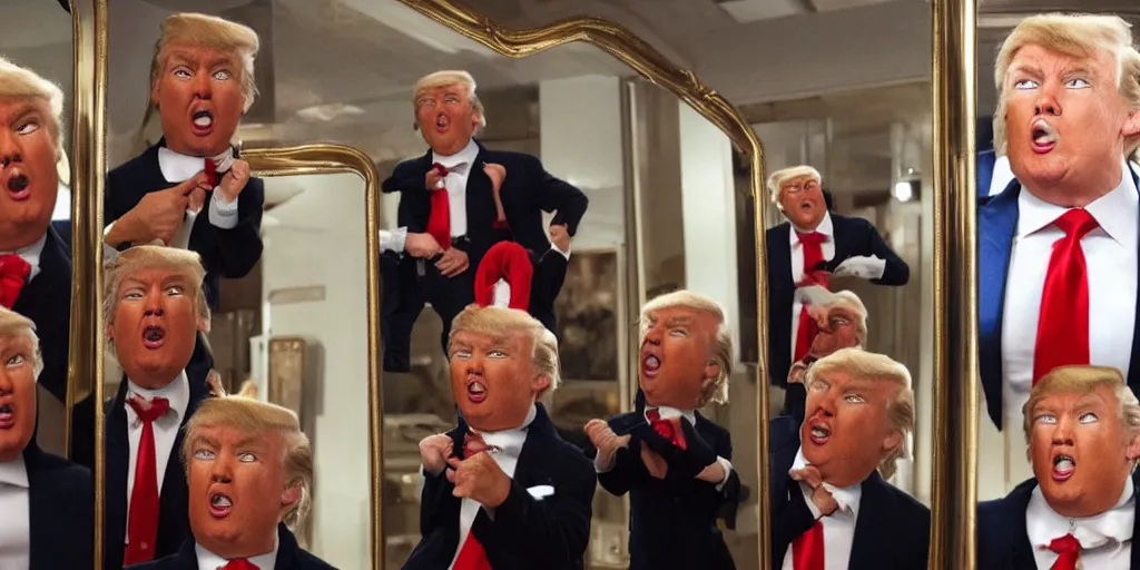 Image similar to ultra wide angle photo of donald trump looking at himself in a bathroom mirror and seeing his reflection dressed as willy wonka and is surrounded by dwarf donald trump like oompa loompas