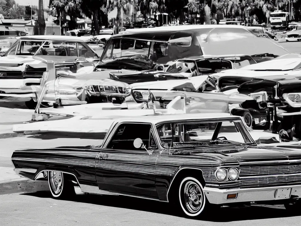 Image similar to “A black and white 28mm photo of a 1964 Chevy Impala lowrider in Los Angeles”