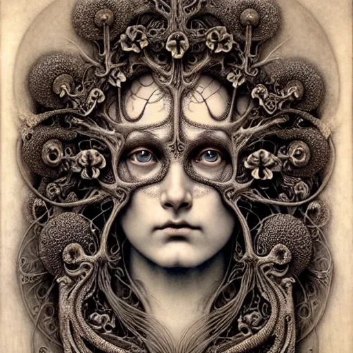 Image similar to detailed realistic beautiful calaveras death goddess face portrait by jean delville, gustave dore, iris van herpen and marco mazzoni, art forms of nature by ernst haeckel, art nouveau, symbolist, visionary, gothic, neo - gothic, pre - raphaelite, fractal porcelain lace, intricate alien botanical biodiversity, surreality, hyperdetailed ultrasharp octane render