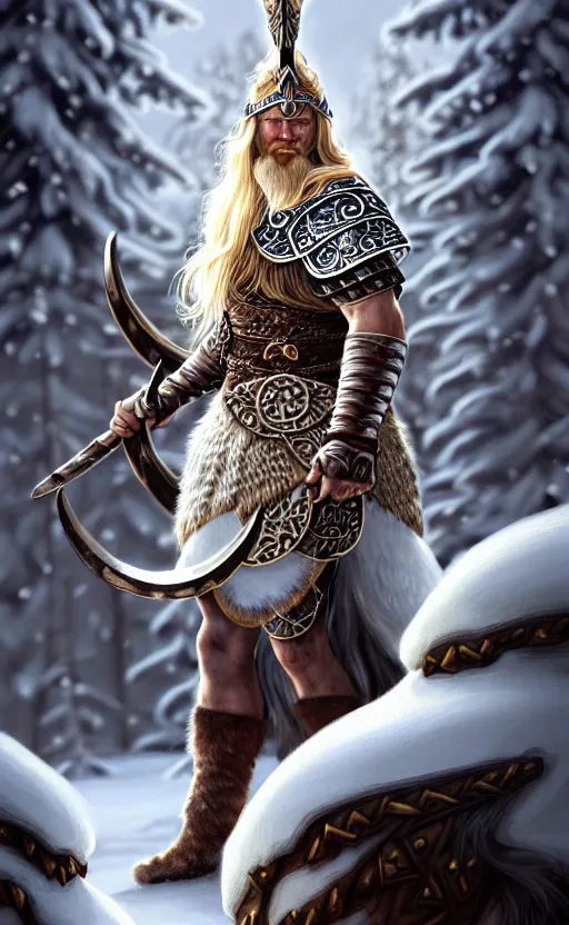 Image similar to moonstone viking warrior, regal, elegant, winter, snow, beautiful, stunning, hd, illustration, epic, d & d, fantasy, intricate, elegant, highly detailed, wide angle, digital painting, artstation, concept art, smooth, sharp focus, illustration, wallpaper, art by artgerm and greg rutkowski and alphonse mucha and jin xiaodi