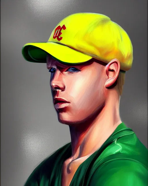Image similar to colorful painting of a blond man with a baseball cap with propeller, matte painting, trending on art station, ultra - detailed, hq