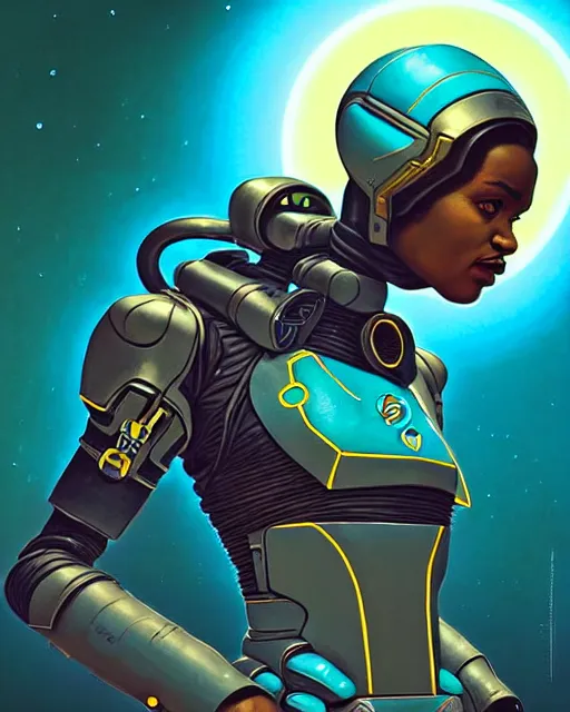 Image similar to sojourn from overwatch, african canadian, gray hair, teal eyes, character portrait, portrait, close up, concept art, intricate details, highly detailed, vintage sci - fi poster, retro future, vintage sci - fi art, in the style of chris foss, rodger dean, moebius, michael whelan, and gustave dore