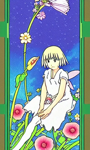 Image similar to fairy floral tarot card by Hayao miyazaki