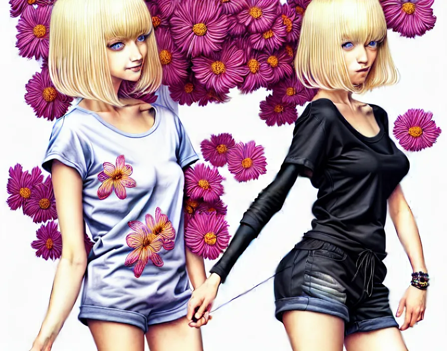 Prompt: richly detailed colored pencil 3D illustration of a beautiful French woman with short bleached blonde hair wearing a long Tshirt and black shorts that is sewing thread drawings of flowers into her thigh. mirrored background with completely rendered reflections, art by Range Murata and Artgerm.