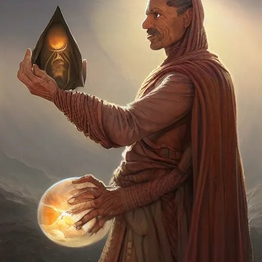 Image similar to male nomad wearing a cloak on an alien world and holding a holographic planet projection in his hand, covered face, detailed, sci - fi, digital painting, artstation, sharp focus, illustration, artgerm, tomasz alen kopera, peter mohrbacher, donato giancola, joseph christian leyendecker, wlop, frank frazetta