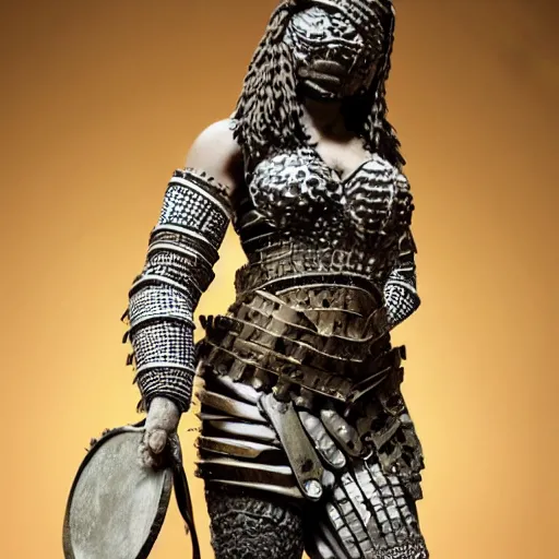 Prompt: a warrior woman, wearing intricate armor made of pottery pieces. photorealistic, intricate and detailed.