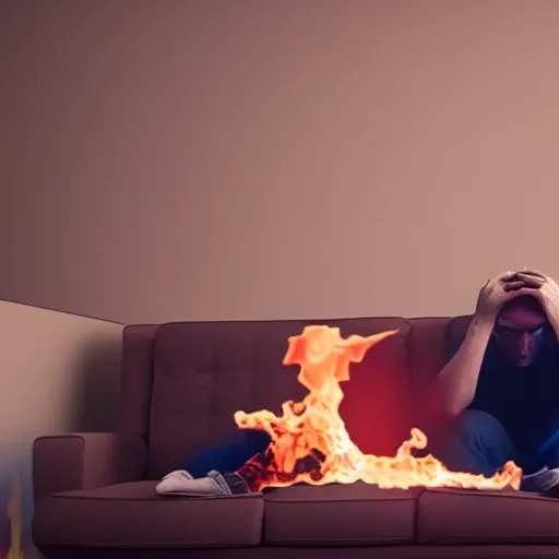 Prompt: man covered in flames sits on the couch of his house, sad feeling, atmospheric, cgi render, photorealistic, 4 k