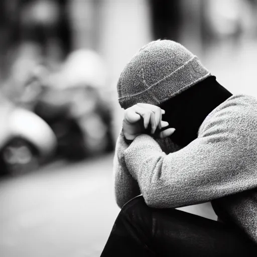 Image similar to black and white fashion photograph, highly detailed portrait of a depressed white drug dealer sitting on a bench on a busy Paris street, looking into camera, eye contact, natural light, rain, mist, lomo, fashion photography, film grain, motion blur, soft vignette, sigma 85mm f/1.4 1/10 sec shutter