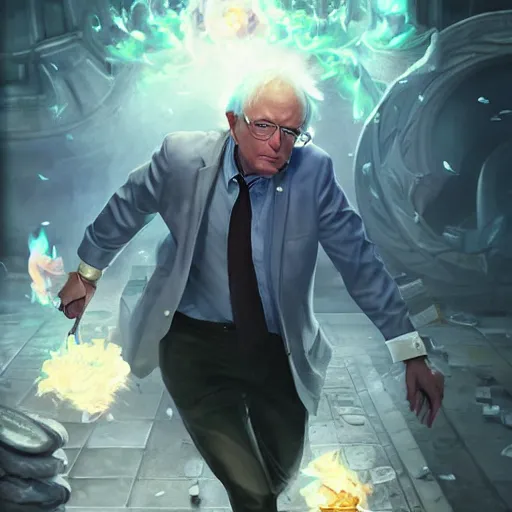 Image similar to portrait of bernie sanders burning money, league of legends amazing splashscreen artwork, splash art, natural light, elegant, photorealistic facial features, intricate, fantasy, detailed face, atmospheric lighting, anamorphic lens flare, cinematic lighting, league of legends splash art, hd wallpaper, ultra high details by greg rutkowski