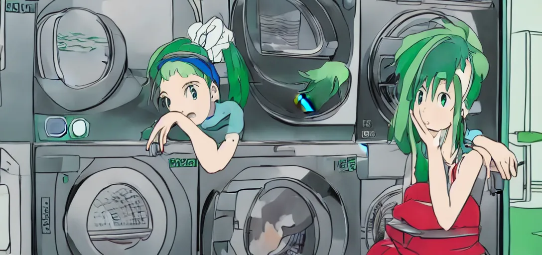 Image similar to a girl with green hair sitting on top of a washing machine inside of a laundromat by Hayao Miyazaki, anime style