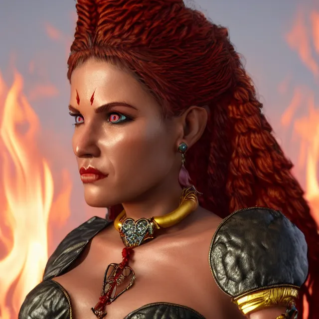 Image similar to perfectly centered close up portrait of goddess of fire, perfect human female specimen, candid photography, by anne stokes and todd mcfarlane, updo, highly detailed, unreal engine 5