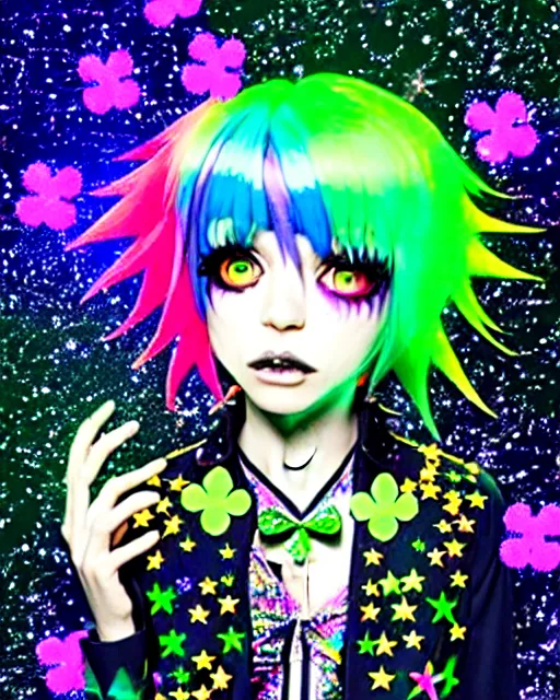 Image similar to a hologram of decora styled green haired yotsuba koiwai wearing a gothic spiked jacket, background full of lucky clovers and shinning stars, holography, irridescent, baroque visual kei decora art