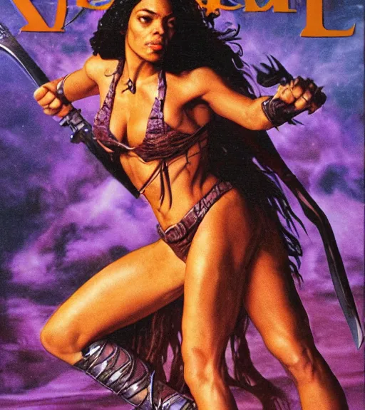 Image similar to 1 9 8 0 s fantasy novel book cover, amazonian rosario dawson in extremely tight bikini armor wielding a cartoonishly large sword, exaggerated body features, dark and smoky background, low quality print