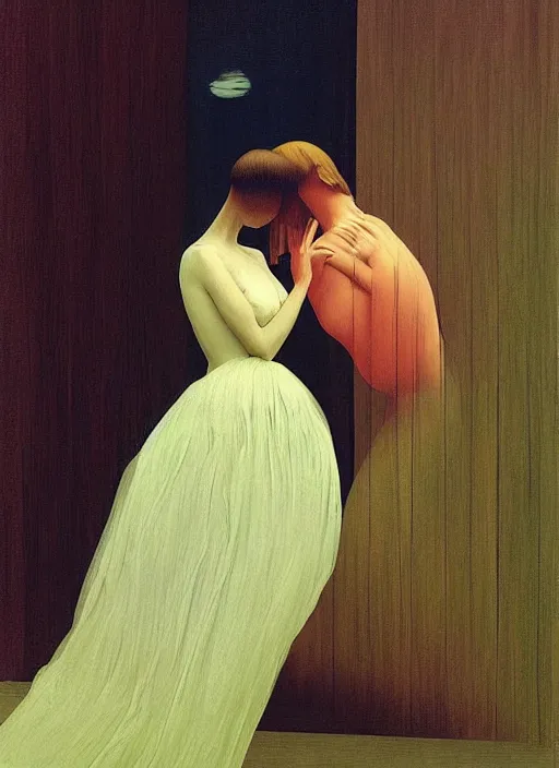 Image similar to two women spherical heads kissing wearing translucent dress made of plastic bags Edward Hopper and James Gilleard, Zdzislaw Beksinski, highly detailed