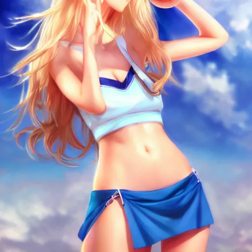 Prompt: a very beautiful young anime basketball girl, full body, long wavy blond hair, sky blue eyes, full round face, short smile, bikini, miniskirt, highly detailed, cinematic wallpaper by stanley artgerm lau