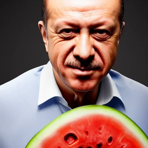 Image similar to recep tayyip erdogan smiling holding watermelon, studio photograph, hd, studio