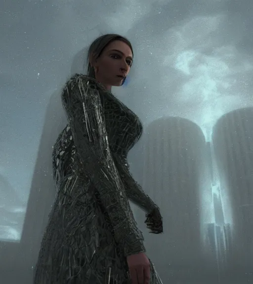 Image similar to tarkovsky greatest scene, tower of babylon destroyed, ethereal, ancient, majestic woman in a futuristic cyber clothing, transparent puffer jacket, hyperrealistic, blockchain, cyber world, ambient lighting, concept art, intricate sky, hyper - detailed, smooth, dynamic volumetric lighting, octane, ray tracing, cinematic, high quality, cgsociety