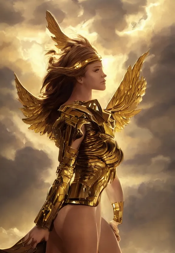 Prompt: A beautiful fierce photogenic angel wearing metallic battle armor, posing heroically with heavenly sunlit clouds in the background, close-up shot, elegant, digital painting, golden hour, cinematic, epic, trending on artstation, concept art, smooth, sharp focus, illustration, art by artgerm and Greg Rutkowski and Alphonse Mucha