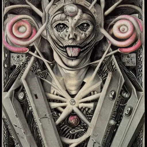 Image similar to post - punk album cover, asymmetrical design, dollar bank, new age, apocalypse, psychedelic, black white pink, magic, giger h. r., giuseppe arcimboldo