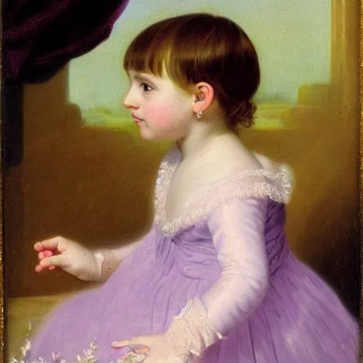 Image similar to portrait of a german toddler princess sitting down in a silk lavender gown, circa 1 8 3 7, by carl joseph begas, highly detailed, beautiful, oil on canvas, 1 8 3 0 s, romanticism