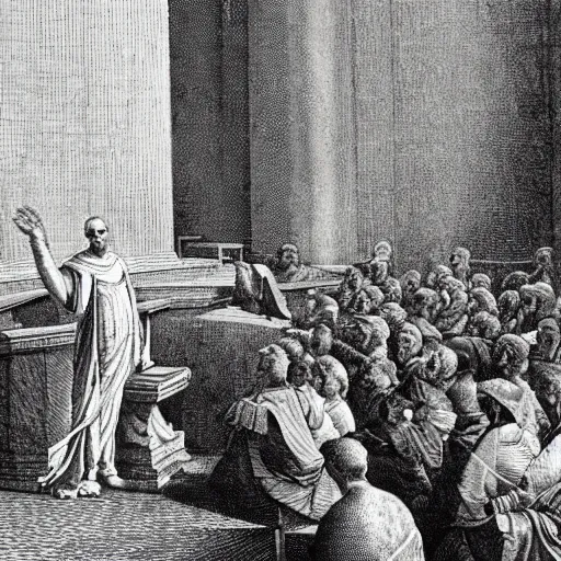 Prompt: photograph of cicero giving a speech in the roman senate